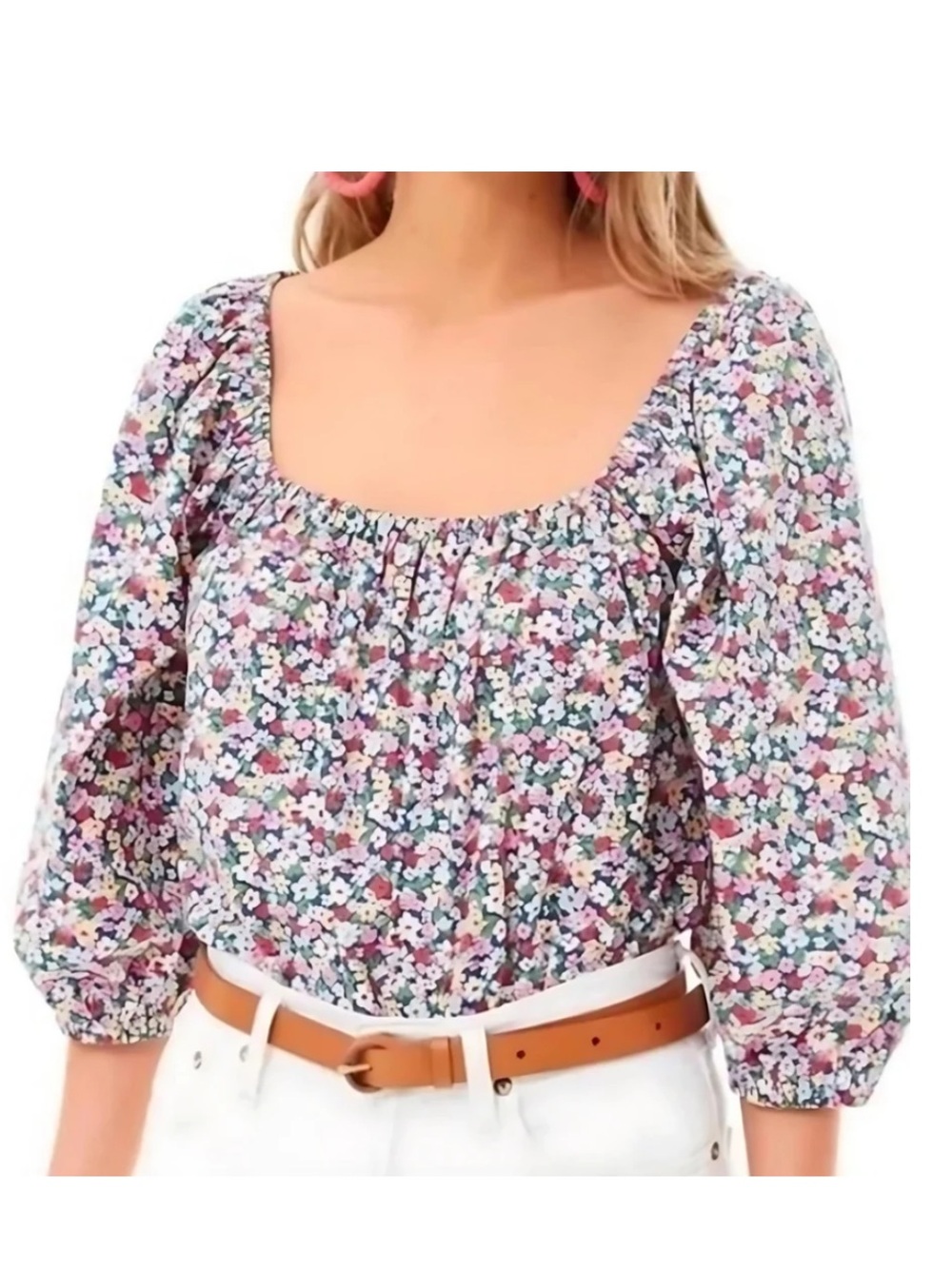 Tuckernuck Pomander Place DitsyFloral Square Neck Puff Sleeve Cotton Blouse XL